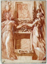 箱の両側に手を差し伸べる2つのカネフォアGirolamoFrancesco Maria Mazzola ditParmigianinoまたはLeParmesanによるインク、ウォッシュ、血、白のフラップの描画
