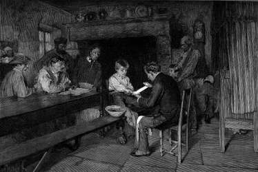 事故（1879年）：医師が若い農民の怪我を治す。パスカル・ダニャン・ブーベレ（Dagnan Bouveret）（1852-1929）の絵画に倣ったエングレーヴィング。5月22日の「The Illustrous World」n°1208にて
