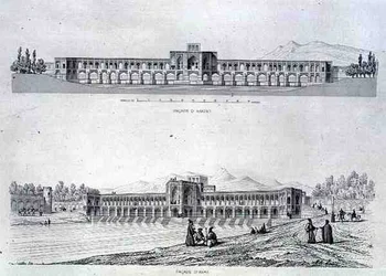 ハッサン・ベグ橋（イスファハンのザイネルード橋）、クロード・ソーヴァジョ（1832-85）が彫刻したペルシャの「Voyage Pittoresque」より、パリのLemercier社から出版されています。