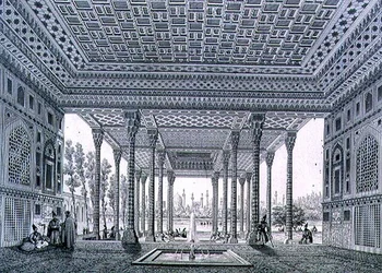 イスファハンの鏡のパビリオンの内観、クロード・ソーヴァジョ（1832-85）とジャン・シャルル・ユゲが彫刻した「ペルシャの近代建造物」の35番プレート