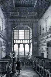 エミール・エドモン・オリヴィエ(1800-64)がパリのレトロンヌ社から出版した「ペルシャの旅」より「フレンチ・クオーターの床屋の中の景色」(エングレーヴィング)