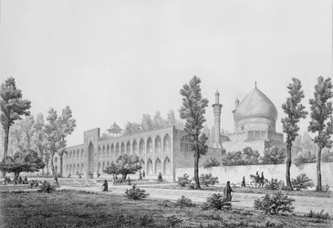 イスファハーンのマドラサイマスジッドイシャースルタンフセイン、1856年パリのルメルシエによって発行されたクロードソヴァージョ（1832-85）によって出版されたペルシアの「航海のピトレスク」