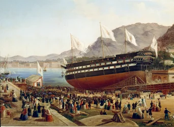 1854 年にナポリのカステッランマーレのアーセナルで船モナルカの発足詳細 - パスクアーレ デ ルカ (19 世紀) ナポリ、Museo Nazionale di San Martino による絵画