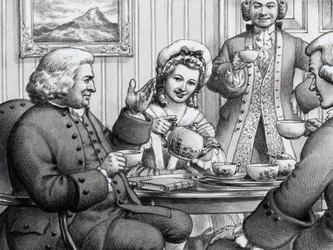 スロール夫妻のもてなしでお茶を飲むジョンソン博士