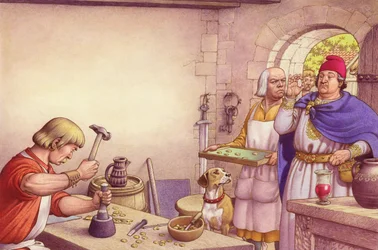 メルキア王立造幣局で作られたコインを調べるオッファ王（紙にガッシュ）