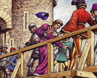 セーヌ川に架かる橋の上でブルゴーニュ公ジョンと対面する王太子（紙にグワッシュ）