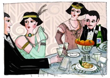 アメリカの作家フランシス・スコット・フィッツジェラルド（1896-1940）の「華麗なるギャツビー」に登場する世俗的な晩餐を描いたイラスト（「華麗なるギャツビー」） パトリツィア・ラポルタによるデッサン