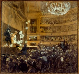 1830年2月25日のエルナニの戦い コメディ・フランセーズでのヴィクトル・ユーゴー（1802-1885）の作品「エルナニ」の最初の表現。Paul Albert Besnard (1849-1934) によるドローイング 19世紀 パリ、コメディ・フランセーズ