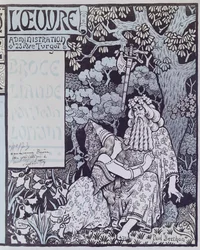 ブロセリアンドの森の魔法使いマーリンと妖精ヴィヴィアン（ジャン・ロラン（1855-1906）の戯曲「ブロセリアンド」より） c.1900 （木版画