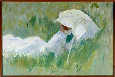 草むらに横たわる画家の妻ヘレウ夫人の肖像 ポール・セザール・ヘレウ（1859-1927）による絵画 1927年以前 油彩・カンヴァス 薄暗い。0,54x0,81 m Rouen, musee des Beaux Arts - 草むらに横たわる画家の妻、マダム・ヘリューの肖像。絵画 b