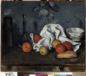 果物のある静物。 ポール・セザンヌ (1839-1906) の絵画