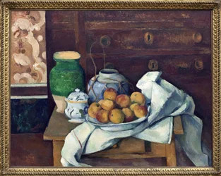 静物はドレッサーを持っています。ポール・セザンヌ（1839-1906）の絵画、1885年頃、キャンバスに油彩で描かれています。フランス美術
