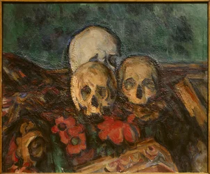 東洋の絨毯に描かれた3枚の皮 ポール・セザンヌ（1839-1906）の絵画 1898年 ソロトゥルン。Kunstmuseum。- 東洋の絨毯の上の3つの頭蓋骨ポール・セザンヌ（1839-1906）の絵画