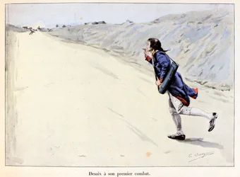 デサイーの初陣。Charles Antoine Desaix de Veygoux (1768-1800) 軍隊が退却する中、Landau in der Pfalz (ドイツ)で捕虜を捕らえる - イラスト: Emile Boutigny (1853-1929) Theodore Cahu (1854-1928)の「Hoche-Marceau-Desaisix」にて - Pr