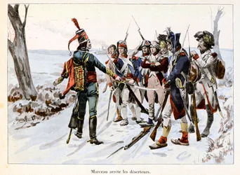 Marceau arrete deserteurs:Francois-Severin Desgraviers Marceau (1769-1796) がヴァンデ地方で共和国軍の兵士を拘束する (85) - Emile Boutigny (1853-1929) の挿絵 Theodore Cahu (1854-1928) の「Hoche-Marceau-Desaix」にて - Private col.