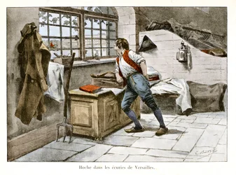 ヴェルサイユ宮殿の厩舎でのガラガラ声。ラザール・オッシュ（1768-1797）は14歳で王室の厩舎に入り、助手を務めた - エミール・ブティニー（1853-1929）のイラスト テオドール・カフ（1854-1928）の「オッシュ＝マルソー＝デゼア」に掲載 - 個人蔵