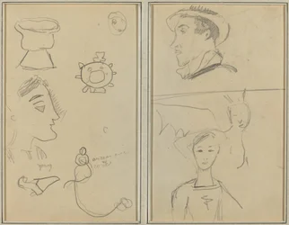似顔絵と五つの形。 横顔の男、有翼の生き物、少年 [裏面]