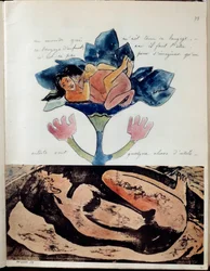 画家ポール・ゴーギャン（1848-1903）のアルバム・ノア（またはノア・ノア）：フォリオ75。上段のドローイング、水彩、ペン、インクで性交中のカップルを表現し、下段のエングレーヴィングには水彩で描かれた寝ている女性のハイライトが描かれています。1893年頃