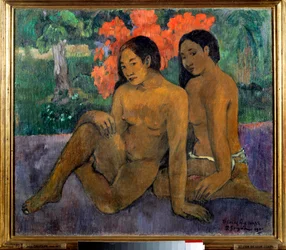 そして彼女たちの身体の金。裸でポーズをとる二人のタヒチ女性。ポール・ゴーギャン（1848-1903年）の絵画、1901年。太陽。0.67 x 0.76 m。パリ、オルセー美術館
