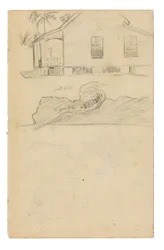 色の表記と犬が描かれたタヒチの住居のスケッチ