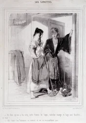 階段で男性について会話する2人の貧しい女性、「Les Lorettes」、Gavarni、1840年頃。