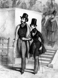George Sand (r) pukeutunut opiskelijaksi, ja hänen rakastajansa Jules Sandeau Pariisissa, n. 1831, kaiverrus Paul Gavarni (1804-1866)