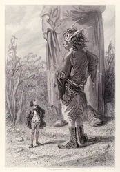 ガリバーは、ジョナサン・スウィフトによるガリバー旅行のフランス語版から、苦しむために彼よりも小さい法廷に誰かがいるのを喜んでいるクイーンズの30フィートの背の高い小人に会います