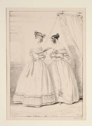 1838年1月。ギャザーを寄せたチュールのフリルで飾ったクレープのドレス。
