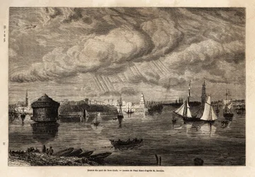 1854-1855年の北アメリカへの航海を説明するためにポール・ユエ（1803-1869）が描いたニューヨーク港の入り口、L.デヴィル作。1861年の "Le tour du monde "に掲載されたエングレーヴィング。セルバのコレクション。