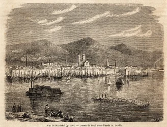 モントリオールの眺め、ポール・ユエ（1803-1869）が1854-1855年の北アメリカへの航海を説明するために描いたもの、L.ドゥヴィル作。1861年「Le tour du monde」に掲載されたエングレーヴィング。セルバのコレクション。