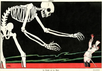 カイザーと死第一次世界大戦1914-1918年。血の海の中で骸骨に脅かされるウィリアム2世（1859-1941）。メカニックを強調し、ドイツ人の愚かさをあざ笑うことで、戦時中のフランス人の士気を支えた漫画。の絵を描いている。