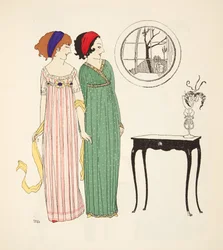 Les Robes de Paul Poiretパブからの2つのエンパイアラインデイドレス。 1908（ステンシルプリント）