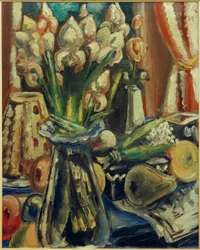 アイリスの花束のある静物画