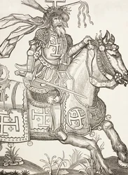 ゴドフロワ・ド・ブイヨン、1060-1100年頃、中世フランク人の騎士。第1回十字軍の指導者。ここではキリスト受難の道具を冠として戴く姿で描かれている。15世紀の木版画に基づく。