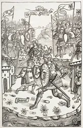 聖母に守られて巨人と戦うアルトゥス王、あるいはアーサー。アラン・ブシャール作『Chroniques De Bretagne』（1514年刊）の木版画による。