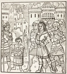 1250年4月、第7回十字軍遠征中、ファリスクールの戦いの後、サラセン人に捕らえられるフランス王ルイ9世と2人の兄弟アルフォンス、シャルル。