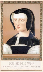 アングレーム公爵夫人でフランスの摂政であったルイーズ・ド・サヴォア（1476-1531）の肖像。ポール・ラクロワの「ルイ12世とアンヌ・ド・ブルターニュ」からのクロモリトグラフ、編集。ジョルジュ・ユルトレル