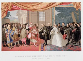 三十年戦争：「1659年7月11日、パイザンス島でのフランス王ルイ14世（1638-1715）とスペイン王フィリップ4世（1605-1665）の会見」スペインはピレネー条約の締結に合意する。フィリップ4世の娘、マリー・テレーズ（Marie-Therese）は