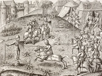 回転する騎士の像。15世紀『シャルルマーニュ年代記』の細密画による。