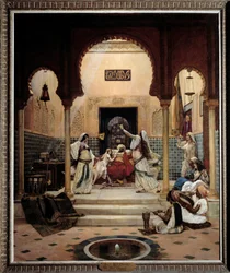 パシャの気を散らすハーレムの東のダンサー (腹)。 ポール・ブシャール (1853-1937) による絵画 1893 日。 1,6x1,3 m パリ、オルセー美術館。 気をつけろ！ この作品の使用は、第三者の承認要求または追加料金の対象となる場合があります