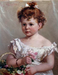 籠の中の少女あるいはヘレーネ・ローブ（後のヴィクトル・リヨン夫人）、2歳の時 ポール・メルワート（1855-1902）の絵画 19世紀 日0,46x0,38 m