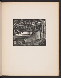 ポール・ナッシュがデザインした木版画から複製された7枚の版画。ポール・ナッシュがデザインと彫刻を手がけた版木から複製された7枚の版画と散文による挿絵。ロンドン、ウィリアム・ハイネマン、巻末