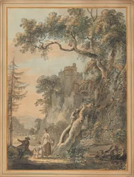 Paisagem Romântica - Camponeses ao pé de um Castelo em um Rochedo