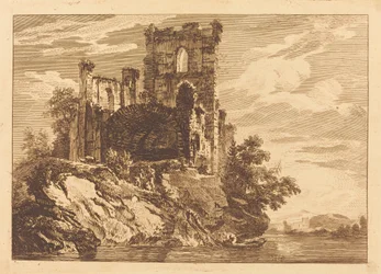 ボートに乗った男と川沿いの廃墟