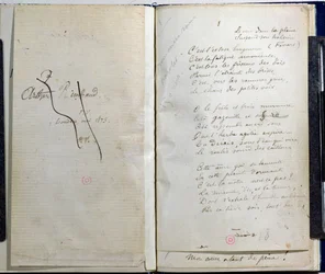 「ロマンスサンパロレス」からの手書きのページ、1873年のアーサーランボーへの献身に取り消し線を引いたもの
