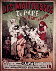 レオ・タクスィル（1854-1907）とカール・ミロによる『教皇の女官たち』のポスター（1884年の反教書）。柱の上で拷問を受ける女性が描かれており、死刑執行人が彼女の胸に穴を開けています。ホーデのイラスト、20世紀個人蔵