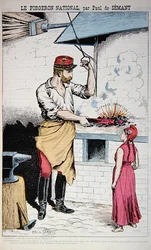 ブーランジェ将軍とマリアンヌを描いた「La Bombe」のイラスト、1889年のフランス選挙を題材にした風刺画、1889年6月9日(カラーリトグラフ)