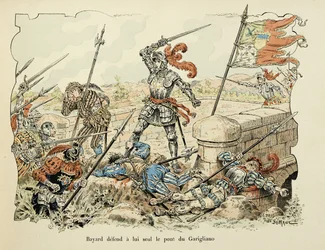 テオドール・カフ著、ポール・デ・セマン（1855-1915）画の「バイヤードの騎士譜」からの引用。1504年、ガリリャーノの橋だけを守るバイヤール