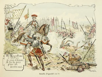 テオドール・カフ著、ポール・デ・セマン（1855-1915）画の「バイヤルの歴史」からの引用です。1509年のアグナデルの戦い
