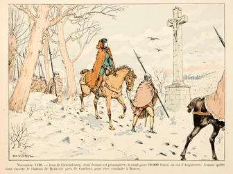 セオドア・カフ著、ポール・デ・セマン（1855-1915）絵の『ジョーン・オブ・アーク』からの引用です。1430年11月 ジャン・ド・ルクセンブルクがJoan of Arcをイングランド王に10,000ポンドで売却、彼女はボーヴォワール城から